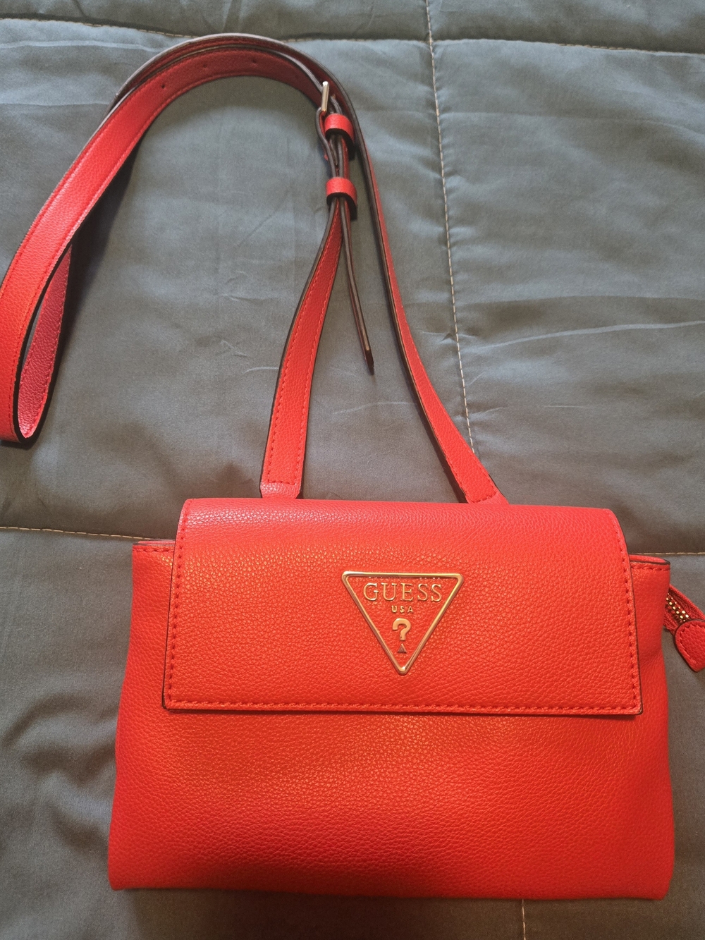 GUESS Red Pebbled Leather Crossbody with Gold Triangle Logo
